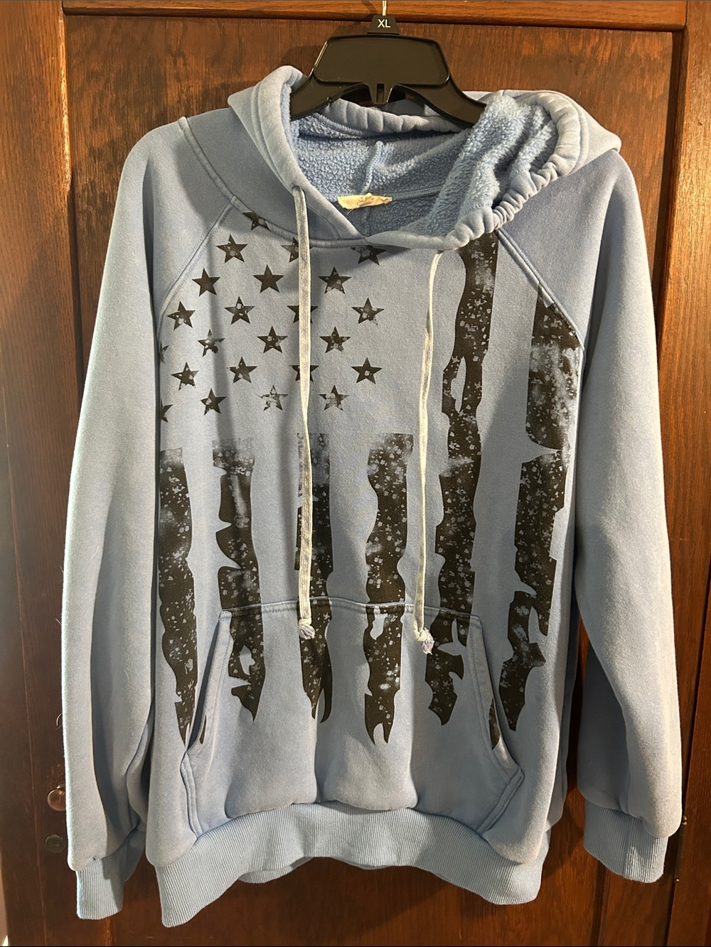 easel Light Blue Women's Hoodie with Distressed Black Flag Graphic